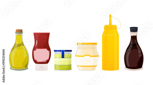 Collection of essential kitchen condiments, such as olive oil, ketchup, mustard, and mayonnaise, stored in bottles and jars