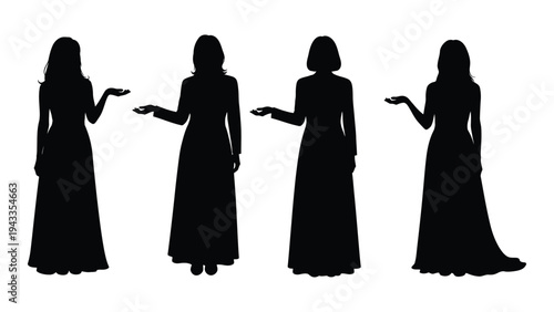 Silhouettes of four women in long dresses displaying open palms