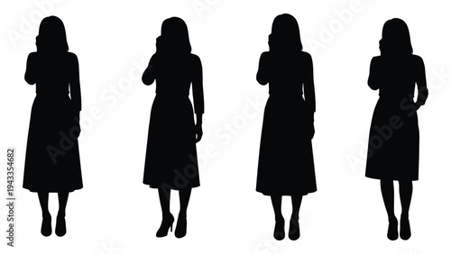 Four silhouettes of women talking on mobile phones depicted in a minimalist style
