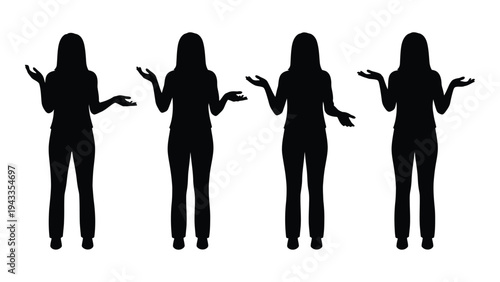 Four identical silhouettes of women with arms outstretched in a questioning pose
