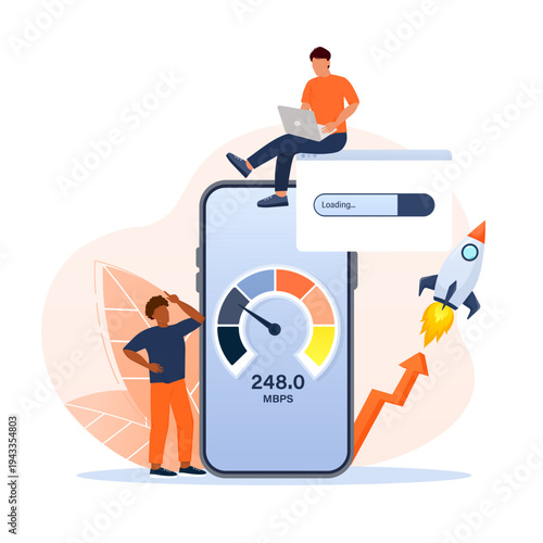 People optimizing internet performance, checking broadband speed on a smartphone app. Fast loading, high-speed data transfer