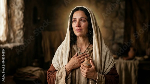 Virgin Mary, woman in biblical clothing holding clay jar
