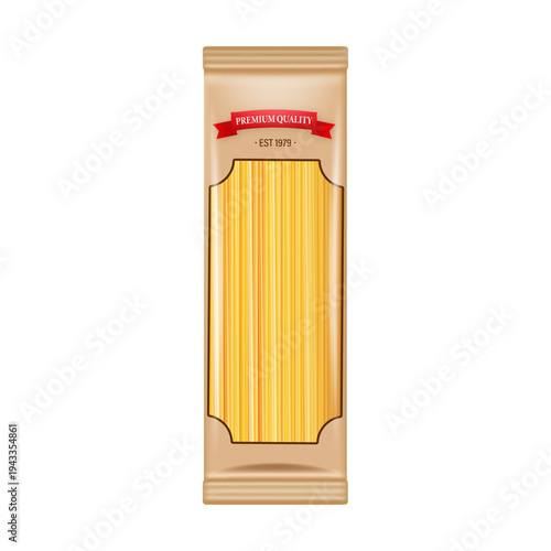Spaghetti pasta in a transparent window package. Premium quality food product design for grocery and restaurant concepts