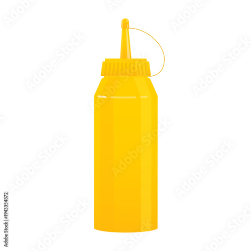 Yellow plastic mustard bottle with a red cap, isolated on white. Applying sauce for hot dogs, burgers, and grilling