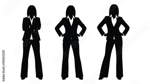 Three silhouettes of women in business suits with hands on hips