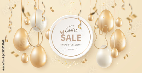 Happy Easter sale background. Holiday banner with golden and white eggs and streamers on a light background. Vector illustration.