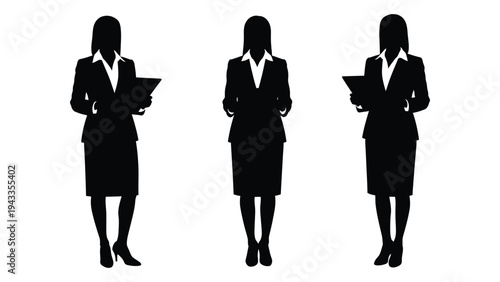 Three silhouettes of businesswomen in suits each holding documents or tablets