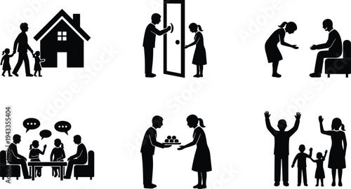 Family Moments: Silhouettes of Daily Life Activities Including Family Interaction, Greeting, Conversations, and Bonding within a Household Setting