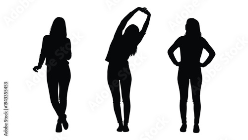 Three silhouettes of women performing stretching exercises against a white background