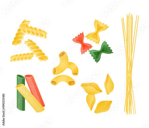 Assorted dry pasta types isolated on a white background, including fusilli, farfalle, macaroni, penne, conchiglie, and spaghetti