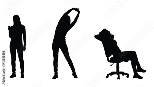 Silhouettes of people engaged in different activities stretching resting and using a phone