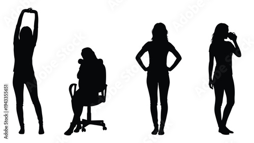 Silhouettes of four women in various poses against a white background
