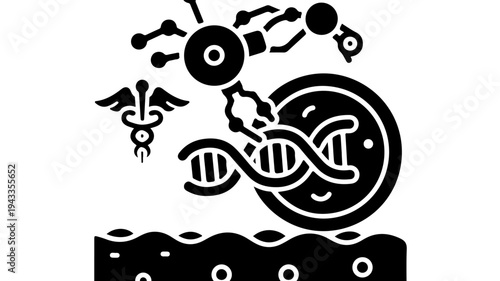 DNA double helix with medical caduceus and bacteria elements in black silhouette featuring virus, microbiology, genetics with molecular and biology