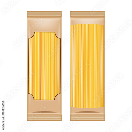 Spaghetti pasta in mockup kraft paper packaging for grocery food products, providing copy space for branding and text
