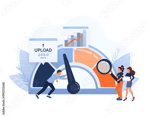 Business team working to optimize internet upload speed and data performance, analyzing metrics and pushing bandwidth limits