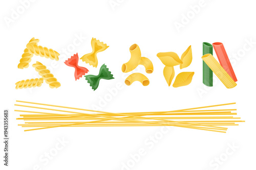 Italian pasta shapes set, featuring different types like spaghetti, fusilli, farfalle, conchiglie, maccheroni, and penne, uncooked on white
