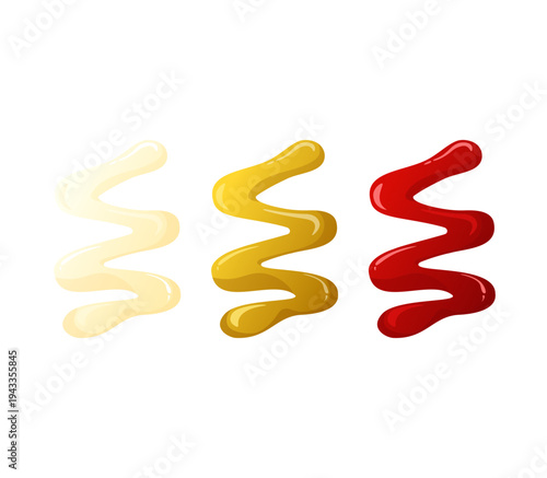 Various savory liquid sauces dripping in colorful, wavy zigzag patterns, representing popular condiments for food