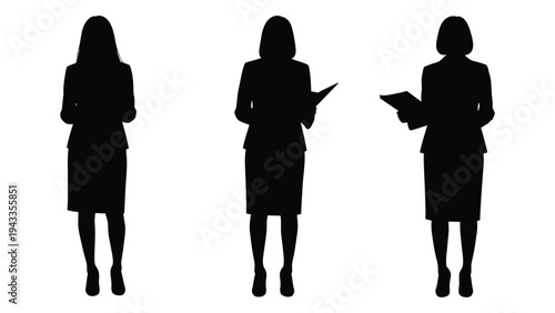 Three professional women in silhouette each holding or reading documents