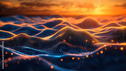 Abstract Digital Landscape with Glowing Orange and Blue Neural Network Patterns