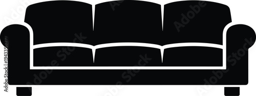 Minimal vector silhouette, living room sofa couch front view, solid black, isolated on white background.