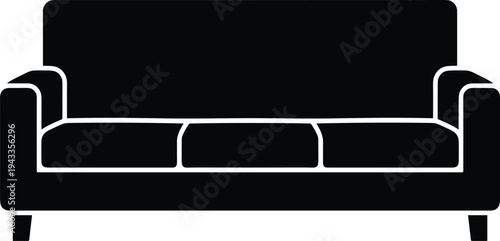 Minimal vector silhouette, living room sofa couch front view, solid black, isolated on white background.