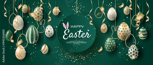 Happy Easter background. Holiday banner with golden, green, and white eggs and streamers on a green background with the text Happy Easter. Vector illustration.