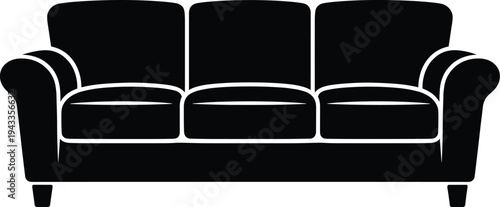 Minimal vector silhouette, living room sofa couch front view, solid black, isolated on white background.