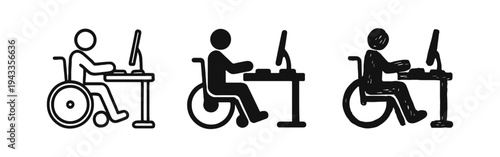 Person in Wheelchair Working at Computer Accessibility Icon Set. Disability inclusion and remote work symbol.