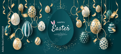Happy Easter holiday banner on a dark blue background, with painted eggs in gold, white and green colors, suspended on golden ribbons, with rabbit silhouettes and golden confetti. Design for Easter