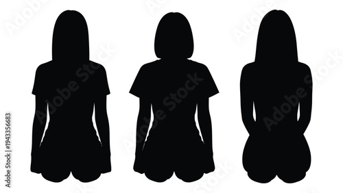 Three silhouetted women sitting with varying hairstyles are shown in a minimalistic style