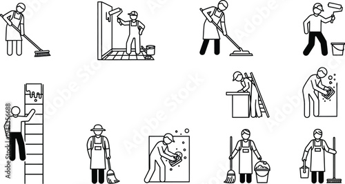 Various cleaning actions isolated on transparent background