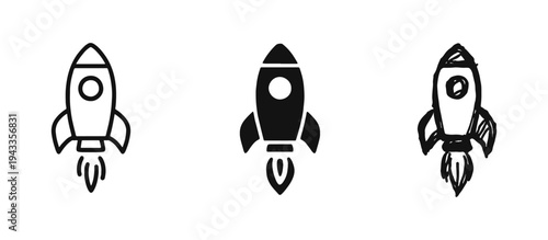 Rocket Launch Icons Set: Startup and Business Growth Symbol in Outline, Solid, and Hand-Drawn Styles