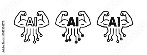 AI Power and Artificial Intelligence Strength Icons: Circuit Board with AI and Muscular Arms in Outline, Solid, and Hand-Drawn Styles
