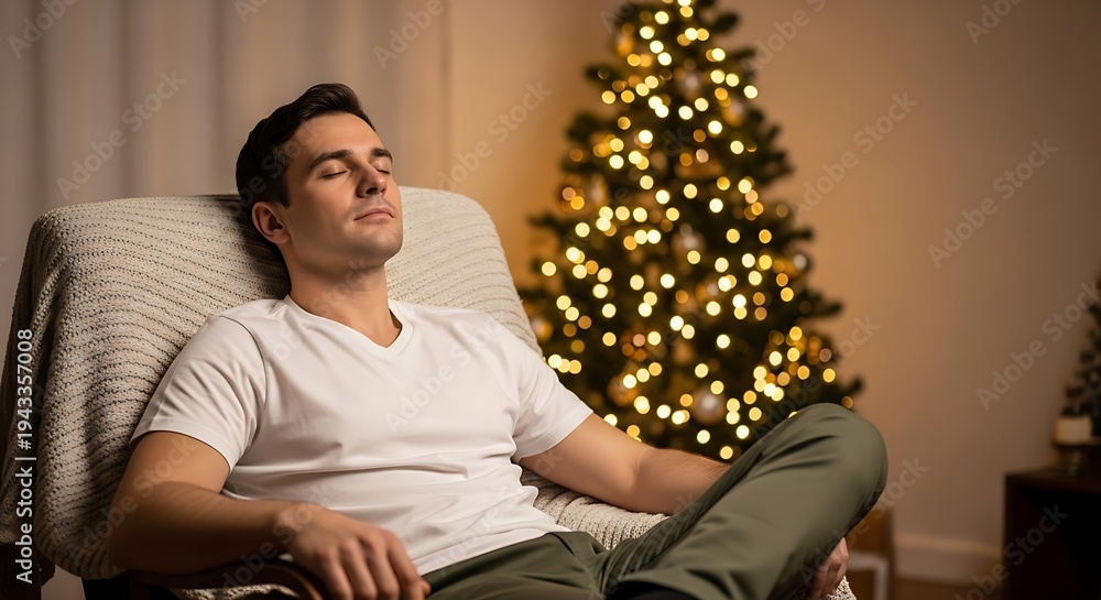 Fototapeta premium A relaxed man sits in a chair with his eyes closed, in front of a lit Christmas tree