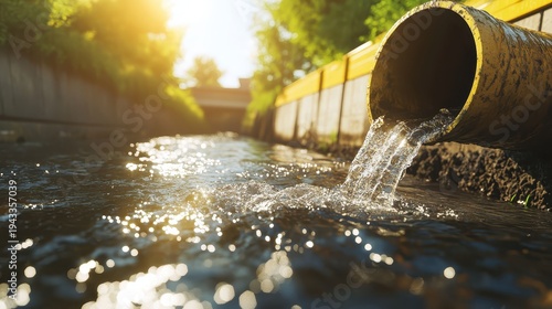 Contaminated urban river water flowing from a drainage outlet under bright sunlight