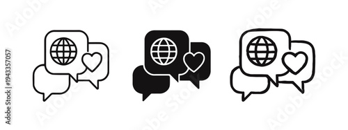 Global Communication and Social Connection Icon Set - Globe and Heart in Speech Bubbles