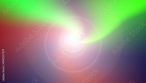 Abstract vibrant vector graphic illustration showcasing a bright white central light flare surrounded by swirling gradients of intense green red and deep violet hues