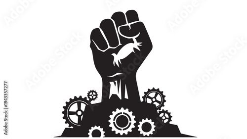 Raised Fist With Gears And Fish For Protest And Industrial Concepts on transparent background