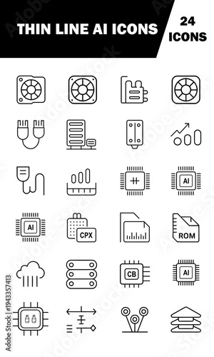 Artificial Intelligence and Technology Thin Line Icons Set – AI Hardware, Chip, Server and Data Outline Vector Collection