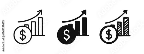Financial Growth Chart with Dollar Coin Icon Set. Increasing Profit and Investment Symbol in Outline, Solid, and Doodle Styles.