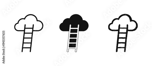 Ladder to Cloud Icon Set. Reaching Goals and Aspirations Symbol in Outline, Solid, and Hand-Drawn Styles.