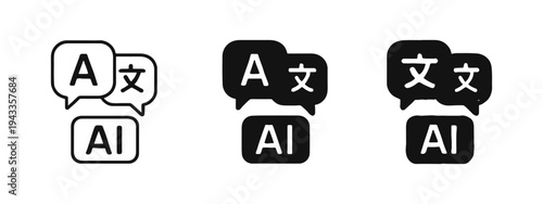 AI Language Translation Icon Set. Artificial Intelligence for Multilingual Communication Symbol in Outline, Solid, and Doodle Styles.