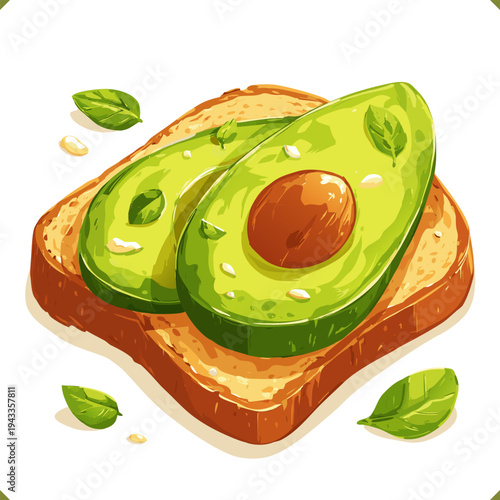 Vector illustration of avocado toast with seeds and fresh herbs, healthy breakfast, isolated on a white background
