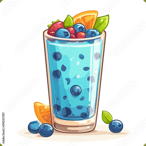 Vector illustration of blueberry smoothie in tall glass with fresh berries, refreshing summer drink isolated on a white background