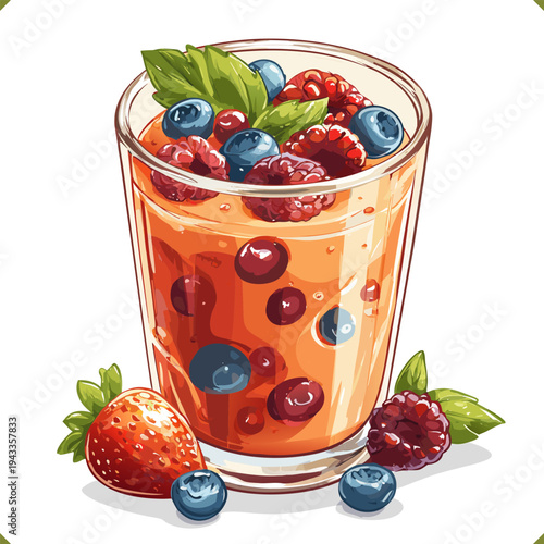 Vector illustration of fresh berry smoothie in glass with berries and mint leaves, healthy drink isolated on a white background