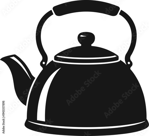 Minimal vector silhouette, tea kettle with handle and spout, solid black, isolated on white background.