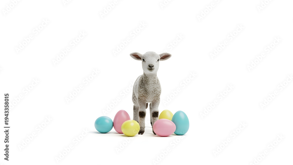 Fototapeta premium A cute lamb stands next to a collection of Easter eggs, conveying joy. 