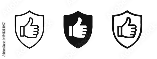 Shield with Thumbs Up Icon Set - Quality Assurance, Protection, and Approval Symbols