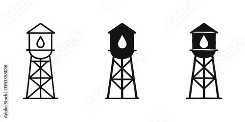 Water Tower with Drop Icon Set - Water Supply, Conservation, and Urban Infrastructure Symbols