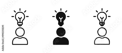 Person with Lightbulb Idea Icon Set - Creativity, Innovation, and Problem-solving Symbols